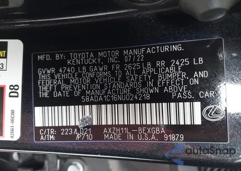 2022 Lexus Es from USA, damaged, VIN 58ADA1C16NU024218